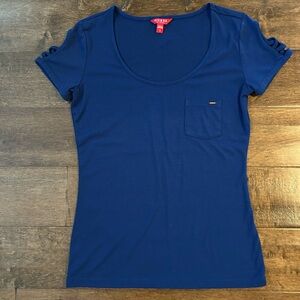 GUESS Women's Royal Blue Scoop Neck Short Sleeve Pocket Tee